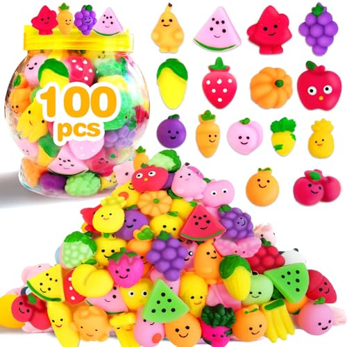 FUNNYB&G 100 Stück Mochi Squishy Set Give Aways Kindergeburtstag | Mini Kawaii Squishy Squeeze Spielzeug Pinata Füllung, Mitgebsel Kindergeburtstag Gastgeschenke für Mädchen Jungen (Früchte)