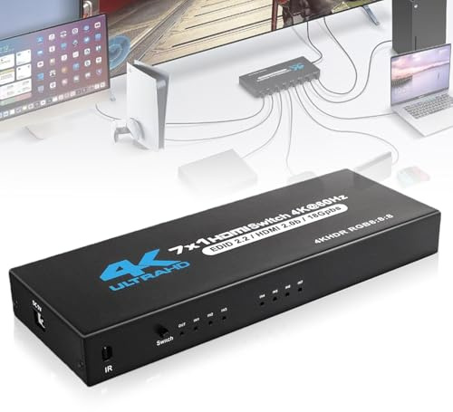 Behogan Commutatore HDMI 4K 60Hz 7 in 1 Out: 7 porte HDMI Selector Box Support HDMI2.0 Dolby Vision/Atmos HDR10 per Xbox, PS4, HDTV, TV Stick, Blu-Ray