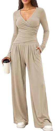 Sukiglam Tuta Donna Casual 2 Pezzi Completi Sportiva Maniche Lunghe Scollo a V Wrap Top e Pantaloni a Gamba Larga con Tasche Slim Fit Tute da Ginnastica Lounge Set per Jogging Yoga Fitness Autunno