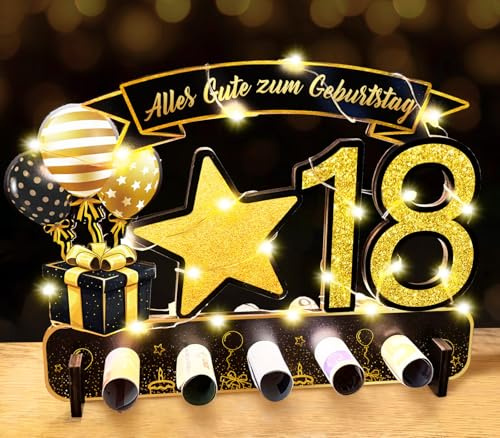 Geldgeschenk 18. Geburtstag Junge, 18 Geburtstag Geschenk mit LED | Geldgeschenke Verpackung für 18 Geburtstag Mädchen Junge, Holz mit Farbdruck, elegantes Schwarz Gold Design
