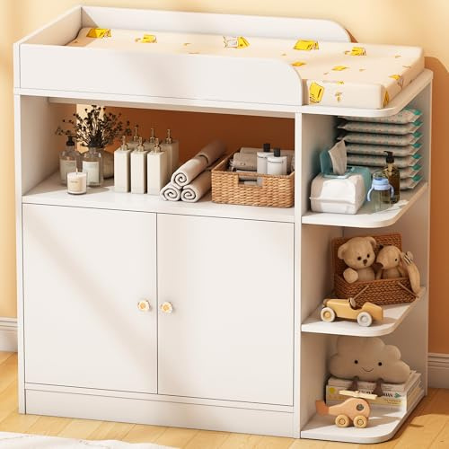 Wanan Changing Table Dresser with Large Cabinet for Nursery, Wood, White | Safety-tested, ergonomic, 4 open shelves, anti-tip, easy-clean, crystal knobs, sturdy wood, heavy-duty, versatile & durable
