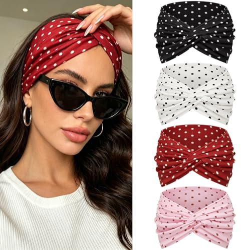 Kavya Pannband för Kvinnor, 4-Pack, Brett Elastiskt Boho Knuttat Hårband, Vintage Tie Dye Mönster, Sport Yoga Smink Spa Mode (rosa)