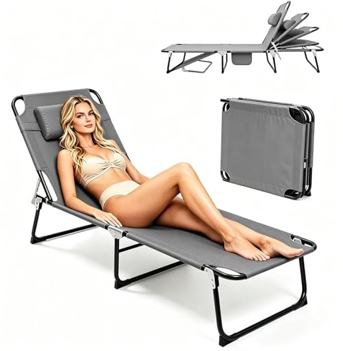 OPLukAS Sonnenliege Klappbar mit Verstellbarer Rückenlehne, Garten Liegestuhl 150 kg Belastbarkeit, Klappbare Strandliege mit Kopfkissen und Seitentasche, Liegen für Garten, Strand und Camping (grau)