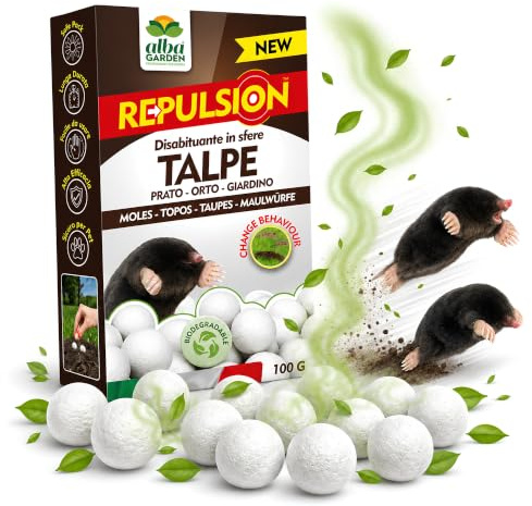 Albagarden - Repellente Talpe - Scaccia Talpe in Sfere di Cellulosa Profumate | Disabituante Vegetale Olfattivo per Allontanare da Orto E Giardino - No Trappola Antitalpa X 100 gr