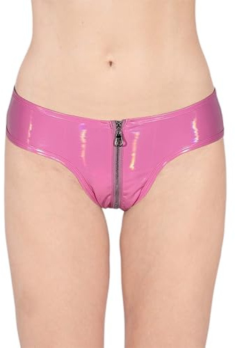 Ouvert Slip Mujer Sexy Cremallera Cuero Calzoncillos Mujer Mojado PU String Tanga Push Up Bragas Látex Caliente Cintura Baja Slip Transpirable Mini Panties Brillante Clubwear, O rosa., L