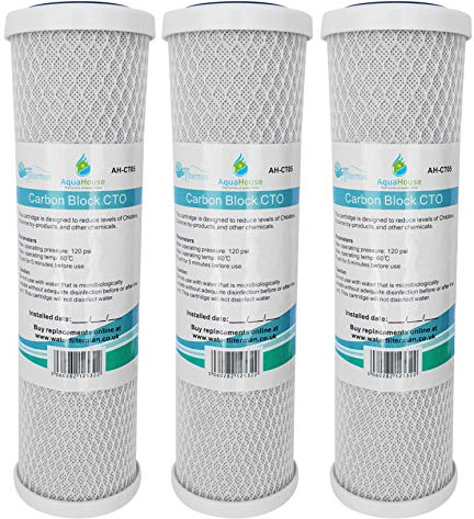 3x AquaHouse AH-CTO5 Cartuchos de filtro de agua de bloque de carbono de 10 para agua potable, sistemas de ósmosis inversa, para todas las carcasas de 10