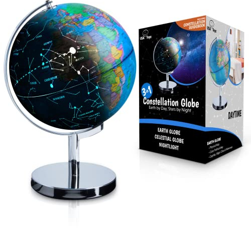 USA Toyz Illuminated World Globe with Stand - 3in1 STEM Globes for Adults and Kids, Constellation Map, Built-In LED Night Light Lamp, Easy to Read Texts, Non-Tip Base, 13.5 Inch Tall, 9 Inch Diameter