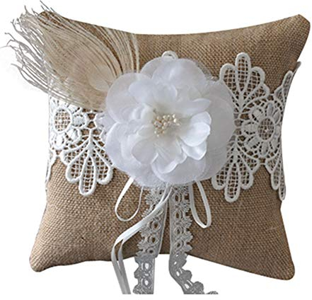 Egurs Coussin pour alliances en Toile de Jute et Dentelle,Fleur/Plume/Dentelle 20 * 20cm