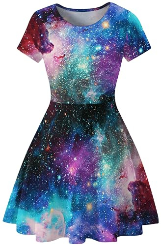 Ocean Plus damer casual stjärnhimmel digitalt tryck A-linje kortärmad klänning med rund hals kortärmad klänning swingkjol, Färgglad galax, XL