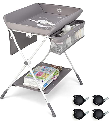 COSTWAY 3 in 1 Wickeltisch klappbar, mobile Wickelkommode mit Rollen, Wickelstation höhenverstellbar mit Mülleimer & Aufbewahrungskorb, tragbare Wickelauflage bis 11 kg Belastbar (Grau)