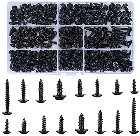 Selbstschneidende Schrauben, 350 Stück, selbstschneidende Schrauben, Karbonstahl, schwarze Holzschrauben, Set mit Rundkopf, Kreuzschlitzschrauben für Metall aus weichem Holz – 8 Spezifikationen, mit