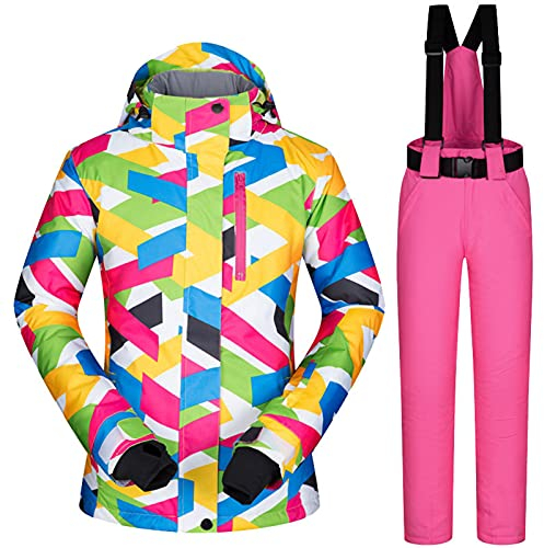 Damen Skijacke und Hose im Set, wasserdicht, winddicht, Snowboarden, bunt bedruckt, Schneeanzug, Kapuzenmantel, Reißverschluss, Pink, Größe M