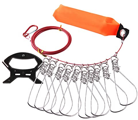 CHSEEO 27ft Acero Inoxidable Heavy Duty Fish Stringer Lock, Con 10 Broches De Presión De Acero Inoxidable De Pescado, Manija de plastico, Flotador de naranja, Pesca trucha, Carpa, Black bass, Rojo