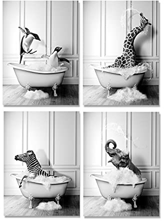 JingHengone Tier Schwarz Weiß Wand Kunst Drucke Elefant Zebra Pinguine Giraffe Badewanne Leinwand Malerei Poster Nordisches Badezimmer Wohnkultur (Size (Inch) : 12x18inchx4 no Frame)