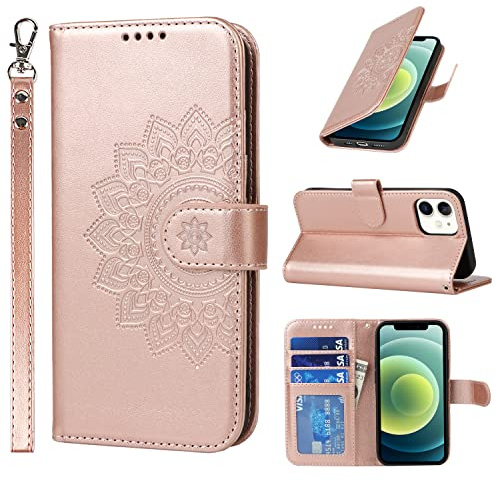 ELTEKER Handyhülle iPhone 12 mini Hülle, [3 Kartenfächer] [Magnet Verschluss] Leder Eleganter Prägung Schutzhülle Klapphülle für iPhone 12 mini, Roségold
