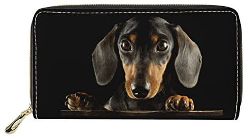 Dolyues Damen-Geldbörse mit Reißverschluss und Münzfächern, PU-Leder, langer Kreditkartenhalter, mehrere Kartenfächer für Damen, Mini-Wursthunde-Design, Klassisch