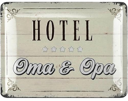 LANOLU Retro Blechschild Pension Oma und Opa Schild - Hotel Oma und Opa Geschenke - Geschenk für Großeltern - Türschild und Wanddeko, 15x20cm