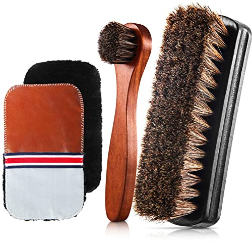 4 Pcs Horsehair Shine Shoes Brush Kit Polish Dauber Applicators Cleaning Leather Shoes Boots Care Brushes Suede Cleaner Brush with Microfiber Shoe Gloves(4 Pcs Style D)