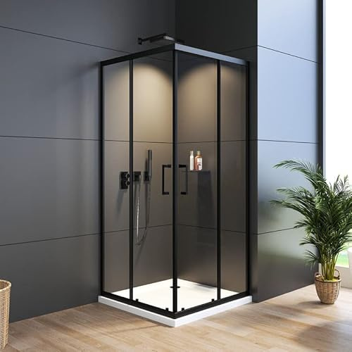 WDWRITTI Duschkabine Eckeinstieg mit Schiebetüren, 90x90x185cm Schwarz Schiebetür Eckdusche Duschabtrennung Duschschiebetür Glas