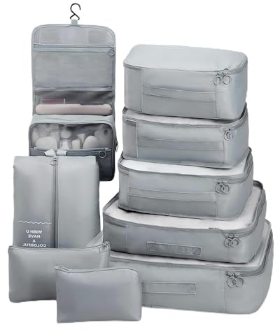 OrgaWise Koffer Organizer 9en1 Packing Cubes Kleidertaschen Packwürfel Verpackungswürfel Gepäck Aufbewahrung Taschen Ideal für Seesäcke, Handgepäck & Rucksäcke (5C1W-GR) (5C1W-GR)