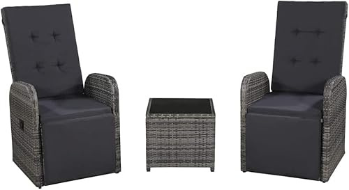 KOIECETA Bistroset 3-TLG. mit Auflagen Balkonset Sitzgruppe Gartenmöbel Balkonmöbel Tisch 2 Gartensessel Liegestuhl Poly Rattan Grau, V4606
