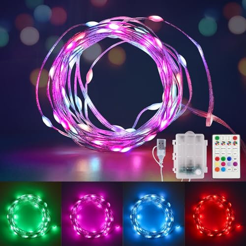 ooklee Fairy Lights Colour Changing String Lights with Remote, 16.4FT 1 Pack Twinkle LED Lights USB Plug or Battery Powered, Outdoor Waterproof Christmas Decorations for Bedroom Wedding Party Indoor