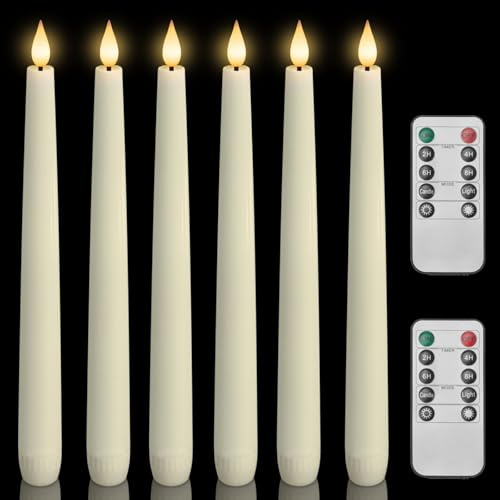 Homemory 6 Pcs Waxy Flameless Taper Candles with Remote, Flickering Battery Operated Candlesticks, Led Fake Candles Tall Candle for Home, Wedding, Party, Ivory, 9.6 inches