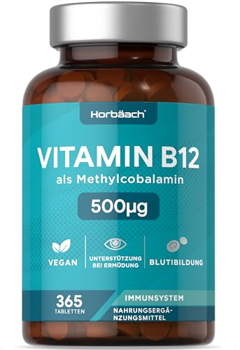 Vitamin B12 Hochdosiert 500µg pro tablette | 1 Jahr Vorrat - 365 Vegane Stück | Hochdosiert Reines Methylcobalamin Supplement | 500µg | Horbaach