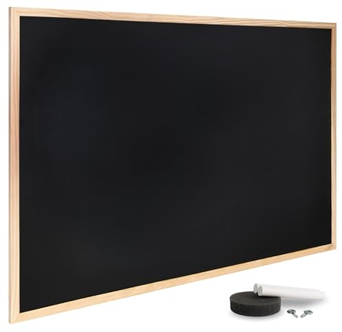 RAYLU PAPER – Schwarze Kreidetafel mit Rahmen aus 100% natürlichem Kiefernholz, Kreidetafel für Bildungszwecke, Pinnwand für Bars, Restaurants, inklusive Kreideradierer und Aufhängeset (120 x 90 cm)