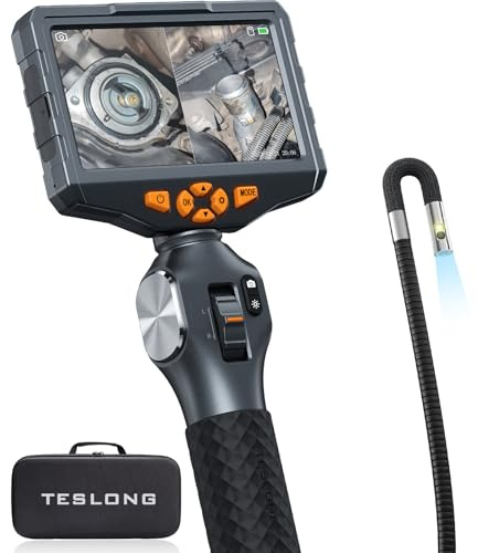 Articulating Borescope with Dual Lens Endoscope, Teslong 5-inch IPS Automotive Inspection Camera with Two-Way Articulation Tip, 6+1 LED Lights, Mechanics Fiber Optic Scope-Dia. 0.25 inch & L 5.0 feet