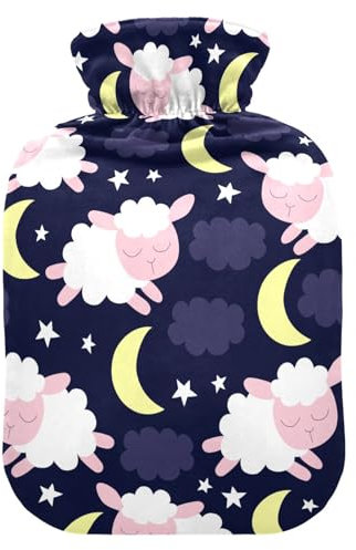 Sheep Moon Wärmflasche mit Bezug, Wärmflaschen zur Schmerzlinderung, Wasserheizkissen, Heiztasche für Frauen, Mädchen, Kinder, 2 l