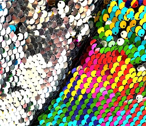 Sensory Wall Sequin Flip Fabric for Kids,0.2 Large Sequins Sensory Graffiti Fabric,Tactile Stimulation,Reversible Mermaid Fabric by The Yard,EYFS Toys (0.5yard(18*49), Iridescent + Silver)