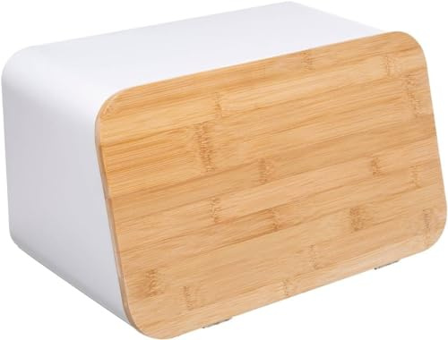 Avilia Porte-pain avec planche à découper – Boîte à Pain avec planche à découper en métal et bambou, 36,7 x 18,4 x 21,8 cm, blanc et marron