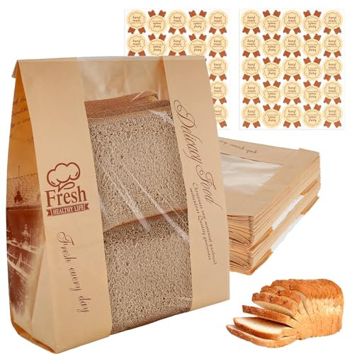 MENIBBLER 50Pcs Bread Bags with Stickers, Waterproof Oil Resistant Paper Bakery Bags with Clear Window, Portable Bread Toast Bags Multipurpose Food Paper Bag for Bread Candy Coffee Bean(B)