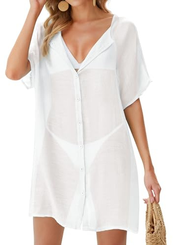 MELLIEX Strandkleid Damen Baumwolle Strandtunika mit Knöpfen Sommer Strandponcho Bademode Strand Vertuschen Locker Kurzarm Strandbluse, Weiß-XL