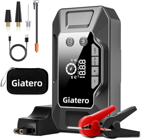GIATERO 12V Jump Starter Avviatore Batteria Auto,4000A & 150PSI Avviatore di Emergenza per Auto con Compressore Aria Portatile (10.0L Gas or 8.0L Diesel) LCD Display, USB 3.0, Torcia a LED