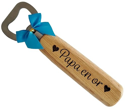 Papa en Or - Décapsuleur en Bois Gravé et Personnalisé sur 2 Faces Cadeau Papa Original pour Fête des Pères Noël Anniversaire Décapsuleur en Bois Unique pour un Père