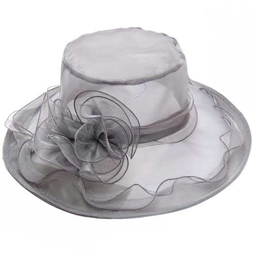 Reyox Damen Fascinator Hut Organza Rüschen Blumen Sonnenhut für Hochzeit Ascot Karneval Tee Party Grau 2