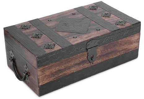 Ajuny Wooden Handcrafted Pirate Treasure Chest Jewelry Box Multipurpose Vintage Shell Strips Keepsake Trinket Storage Case Holder Necklace Earring Organizer Gift, 11x6 Inch