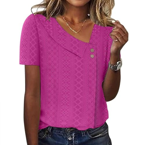 Onsoyours Donna Magliette Estive T-Shirt a Maniche Corte Scollo V Tunica Elegante Casual Tops Tinta Unita Camicetta Sciolto Maglietta Estate con Pulsanti da Donna A Fucsia M