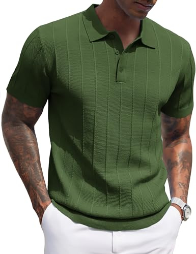 COOFANDY Mens Golf Polo Shirts Ribbed Textured Knit Polo Shirt Business Banded Bottom Shirts Casual V Neck Polo Shirts Collared Shirts Short Sleeve Army Green