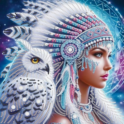 Generisch Diamond Painting Erwachsene Indianer Mädchen, 5D Indian Girl Diamant Painting Bilder Wolf Eule Diamant Malerei Bastelset Basteln Mädchen, 30x30cm-Eule