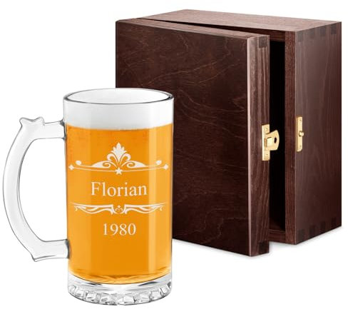 Maverton Boccale birra personalizzato - Bicchiere da birra regalo uomo compleanno 400 ml - Boccale con manico per regali uomo - Altezza 15 cm vetro di alta qualità - Idea regalo personalizzato