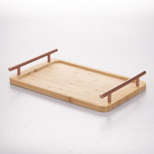 Bandeja Rectangular de bambú, 33 x 20 cm, Asas Oro Rosa, Natural