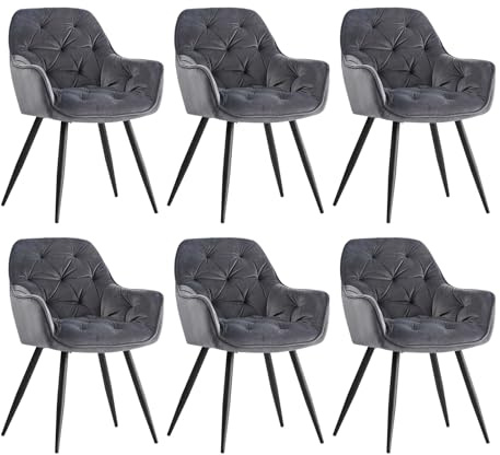 JYMTOM 6er-Set Esszimmerstühle mit dickem Samtstoff gepolsterter Sitz, Metallbeinen, Armlehnen und Rückenlehne Eckstuhl für Lounge Wohnzimmer (6, Grau)