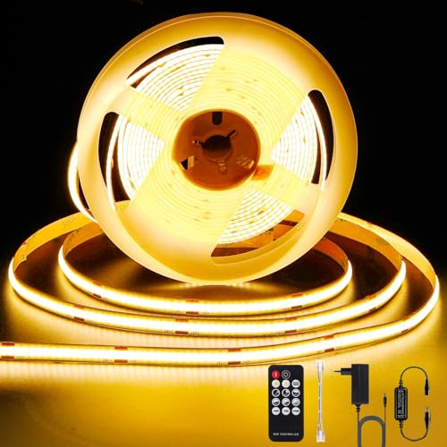 ANTENLICHT COB LED Streifen 10M Warmweiss 2700K 72W LED Band Dimmbar | mit Fernbedienung, CRI90+, 24V 8mm Breite LED Strip Leiste, DIY Lichtband Selbstklebend Kürzbar für Dekoration, Beleuchtung
