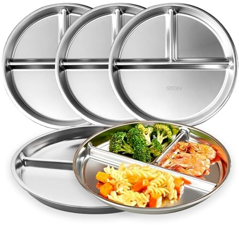 CrazyTerra delade tallrikar för vuxna (5 pack), 304 rostfritt stål portionskontroll platta sektionerad med avdelare, 23 cm metall matavskiljare middagstallrikar lättviktsutrymme BPA-fri återanvändbar