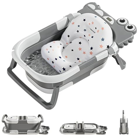 UBRAVOO Faltbar Baby Badewanne Mit Rutschfestem Badekissen - Babywanne Mit Baby Badewannensitz & Badethermometer - Von Der Geburt Bis 3 Jahre - Geburtsgeschenke Für Mädchen & Jun (GRAU)