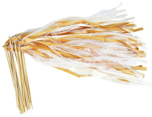 50 Stück Wedding Wands mit Glocke, Romantic Zauberstäbe Bänder Hochzeit, Zauberstäbe Hochzeit Luftschlangen für Hochzeiten, Geburtstage, Weihnachten, Partys (Champagner Gold)