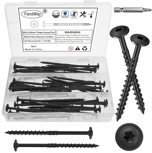 FandWay 50 Pièces Vis à Bois Torx pour Panneaux D'aggloméré 6,3x100mm Vis à Tête Ronde Large Bombé,Vis Autotaraudeuses Torx Universelles Noir Pour Construction de Toiture,Terrasse Avec 1 T30 Bits.